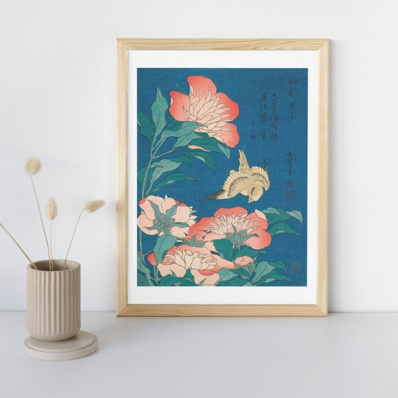 Estampe Japonaise Pivoines & Canari - A3