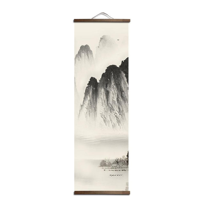 Tapiz colgante de paisajes asiáticos de madera en blanco y negro | Ramen Nation