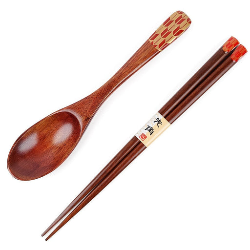 Paire de baguettes japonaises rouge en bois motif grue et tortue et la  cuillère en résine assortie - TSURUKAME - 22.5 et 19.5 c