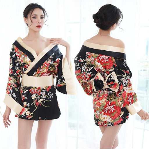 Kimono de Nuit Femme Motif Japonais Rouge & Noir | Ramen Nation