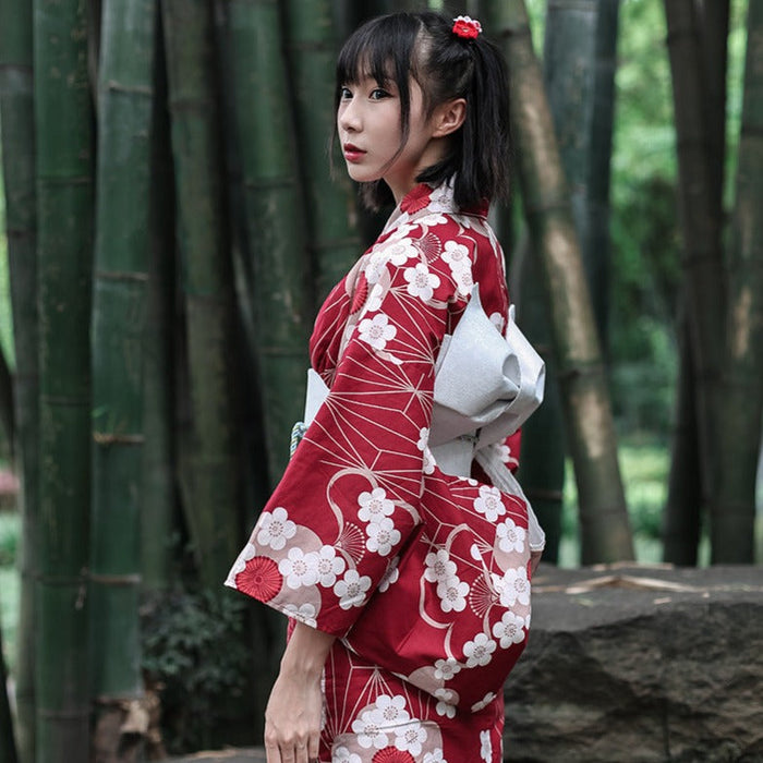 Kimono Femme Long Rouge Fleur de Cerisier | Ramen Nation