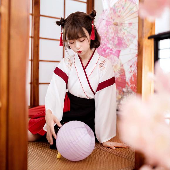 Kimono Japonais Court avec Broderie - Noir & Blanc | Ramen Nation