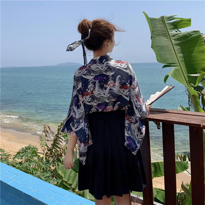 Kimono Japonais Femme Court Noir & Rouge | Ramen Nation