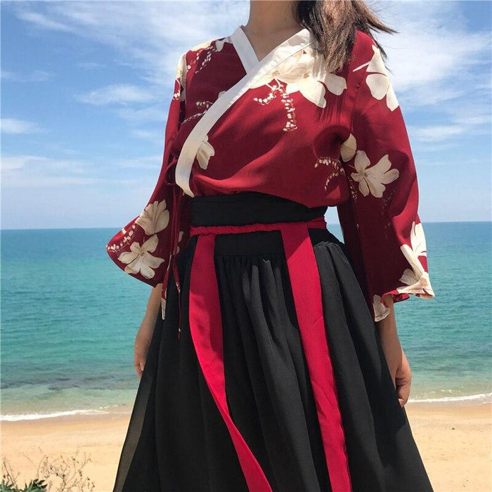 Vestido largo japonés floral rojo y negro | Ramen Nation