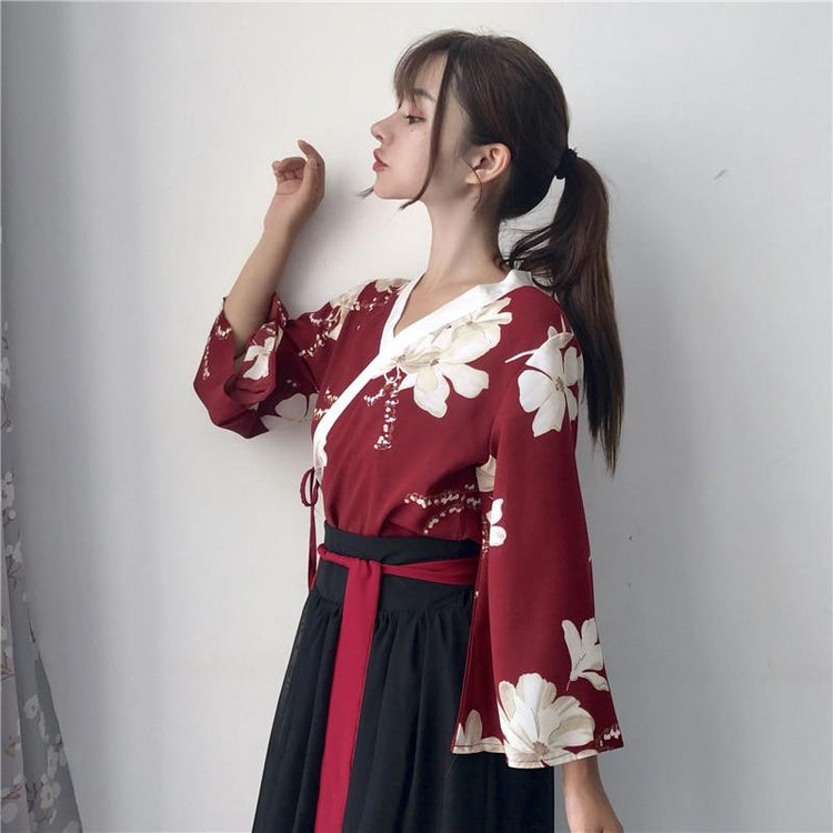 Robe Japonaise Fleurie Longue - Rouge & Noir | Ramen Nation