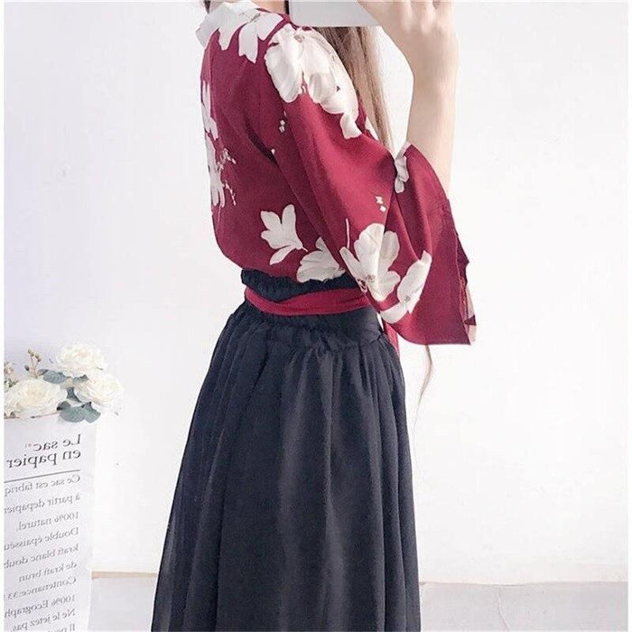 Vestido largo japonés floral rojo y negro | Ramen Nation