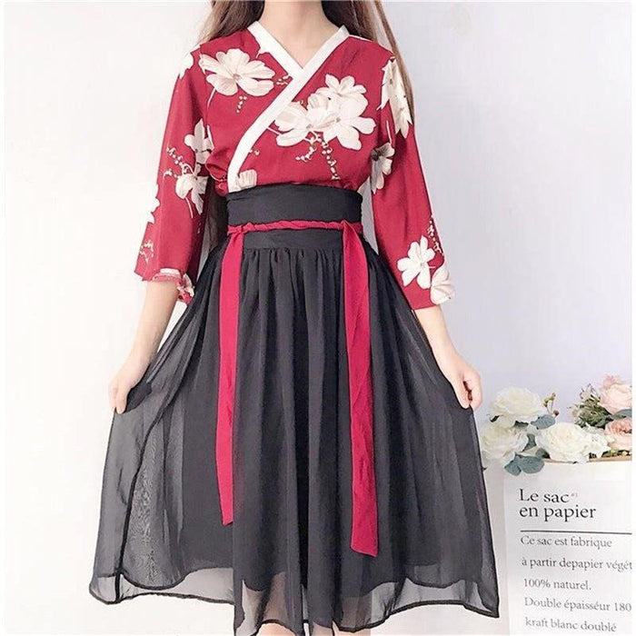 Vestido largo japonés floral rojo y negro | Ramen Nation