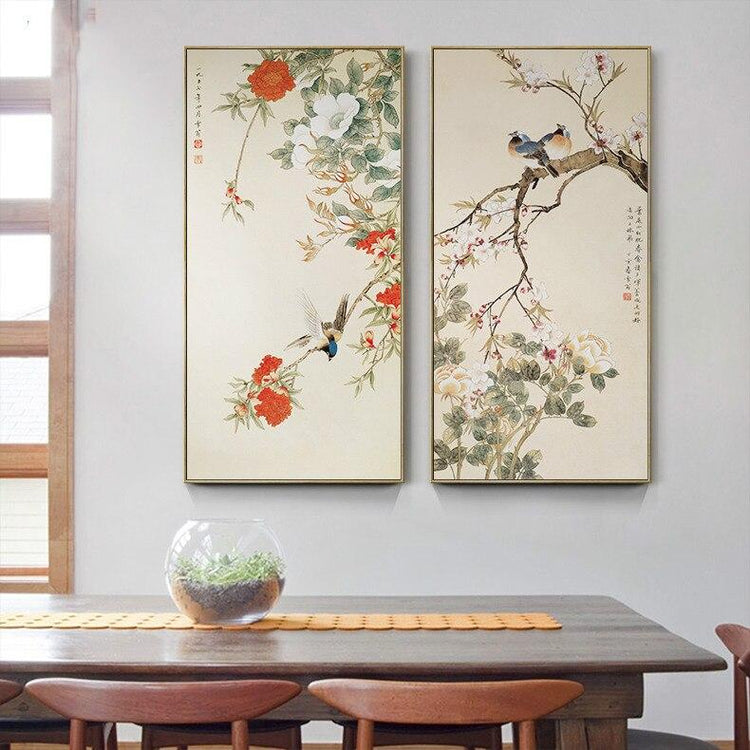 Toile imprimée grand format style asiatique motifs fleurs et oiseaux | Ramen Nation