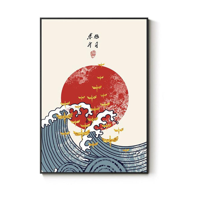Pintura tradicional japonesa de olas y cerezos | Ramen Nation