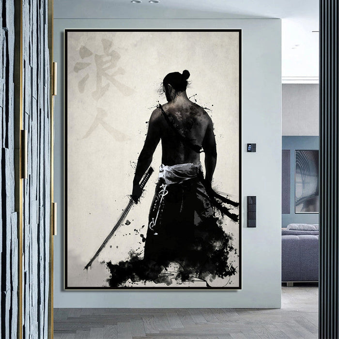 Pintura samurái japonesa en blanco y negro | Ramen Nation