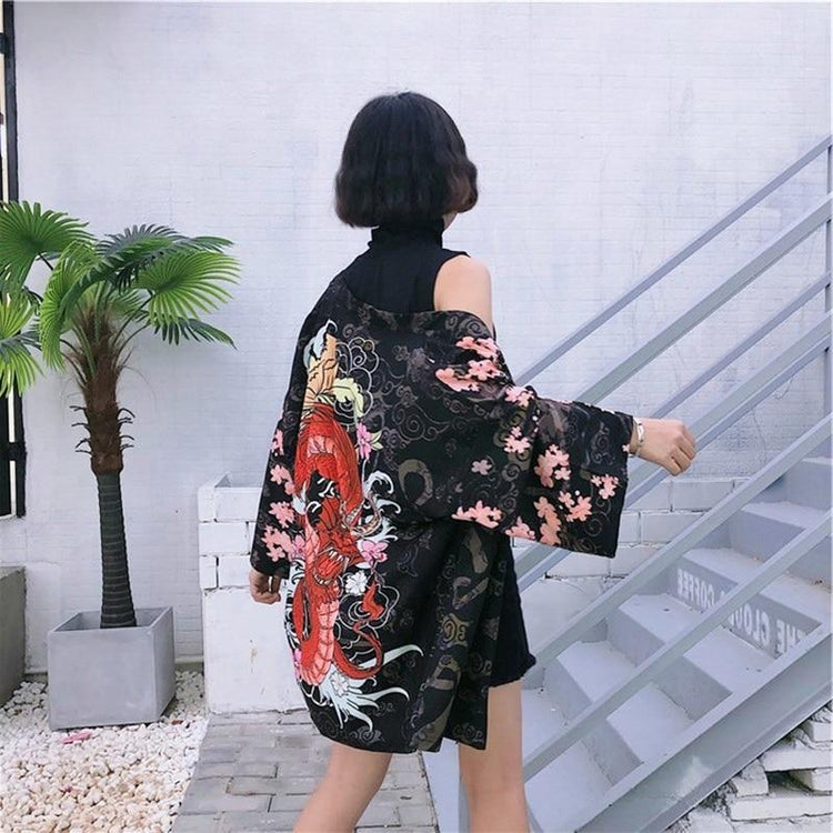 Veste Kimono Femme Dragon Japonais  - Noir | Ramen Nation