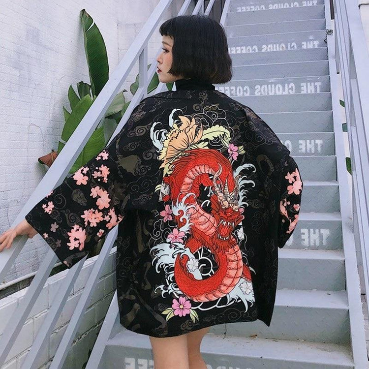 Veste Kimono Femme Dragon Japonais  - Noir | Ramen Nation
