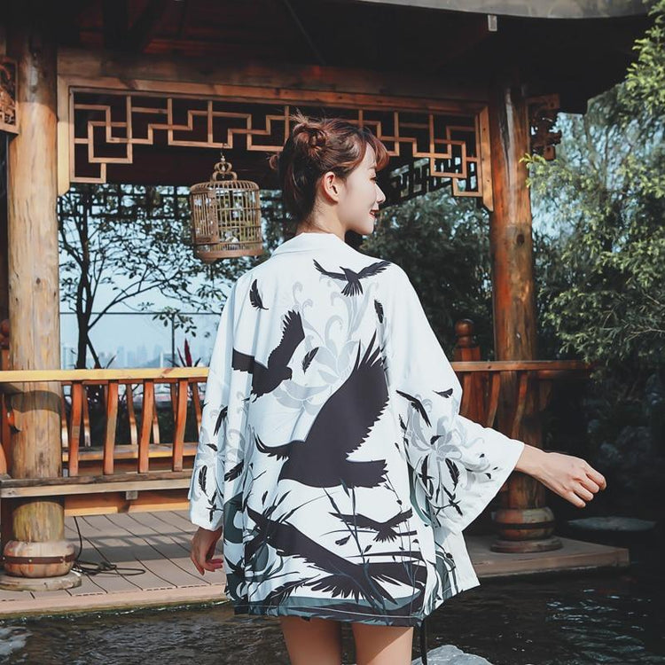 Veste Kimono Femme Grue Japonaise - Blanc | Ramen Nation