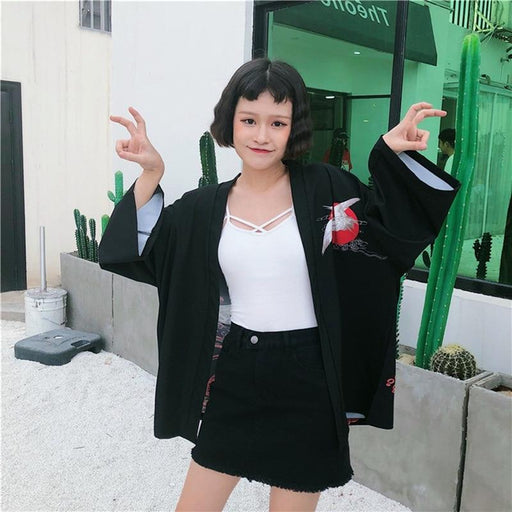 Veste Kimono Femme Grue Japonaise & Vague - Noir | Ramen Nation