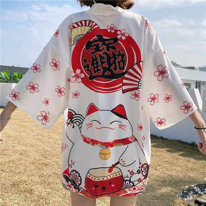 Veste Kimono Femme Noir & Blanc Maneki Neko | Ramen Nation