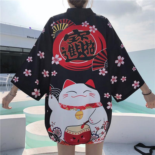 Veste Kimono Femme Noir & Blanc Maneki Neko | Ramen Nation