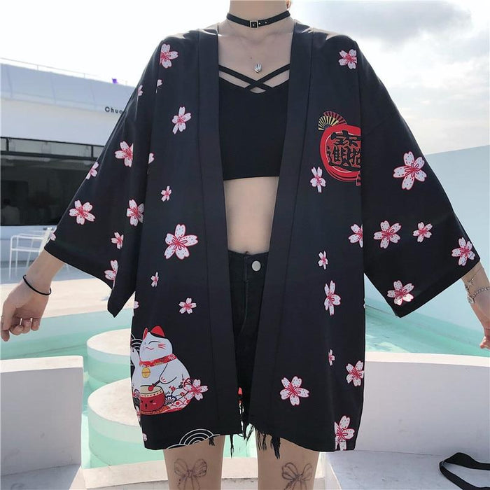 Veste Kimono Femme Noir & Blanc Maneki Neko | Ramen Nation