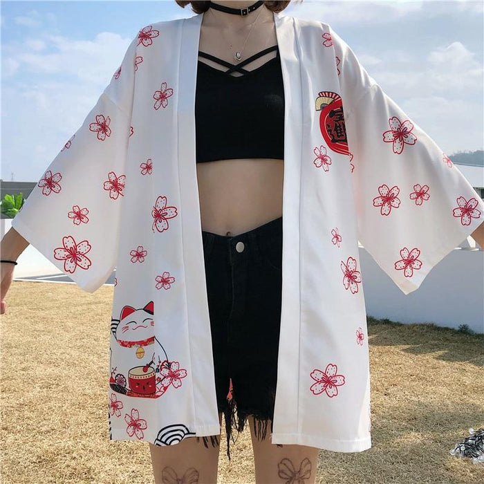 Veste Kimono Femme Noir & Blanc Maneki Neko | Ramen Nation