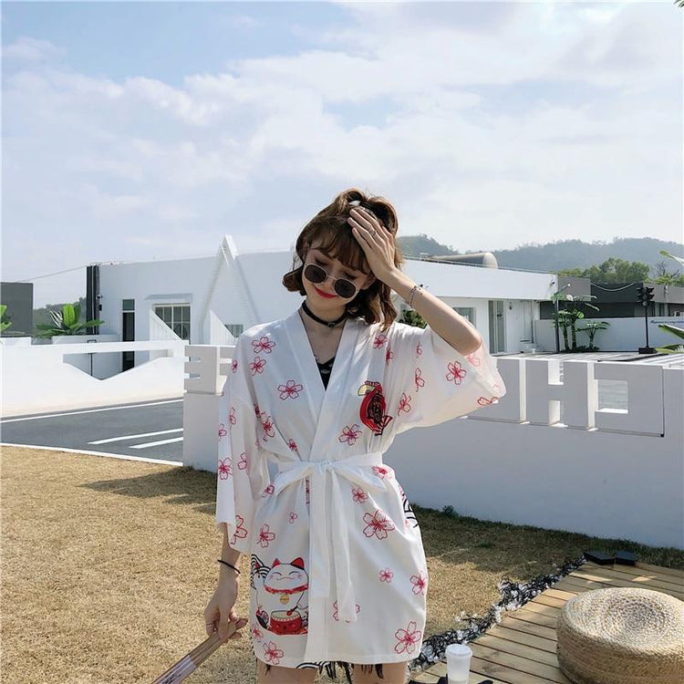 Veste Kimono Femme Maneki Neko - Noir & Blanc | Ramen Nation