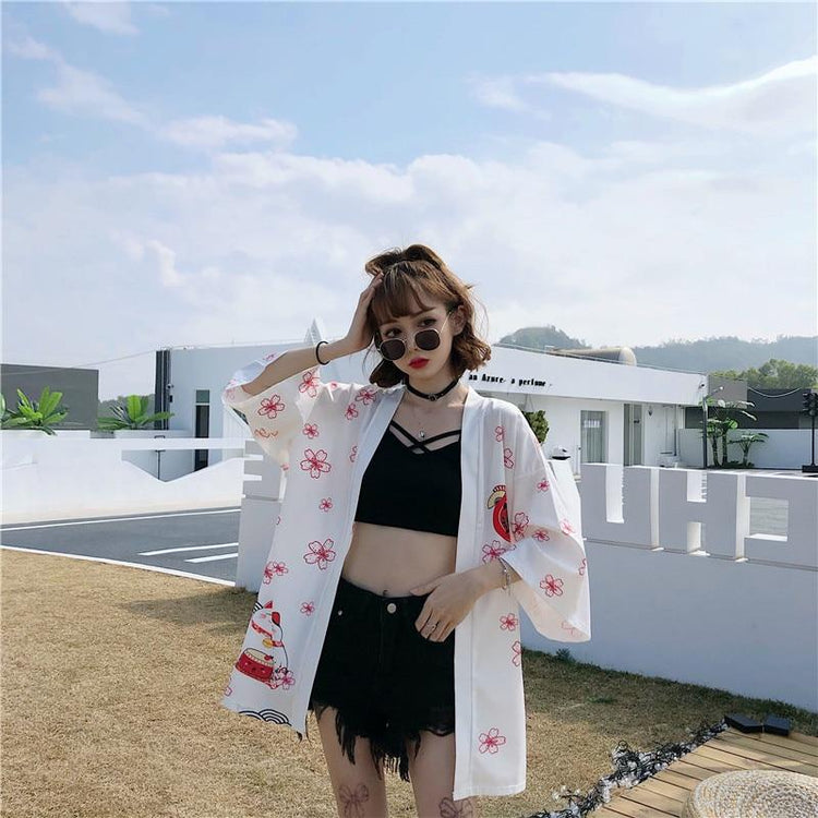 Veste Kimono Femme Maneki Neko - Noir & Blanc | Ramen Nation