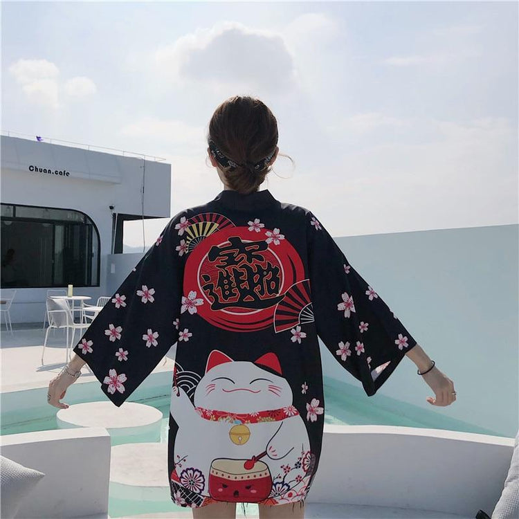 Veste Kimono Femme Maneki Neko - Noir & Blanc | Ramen Nation