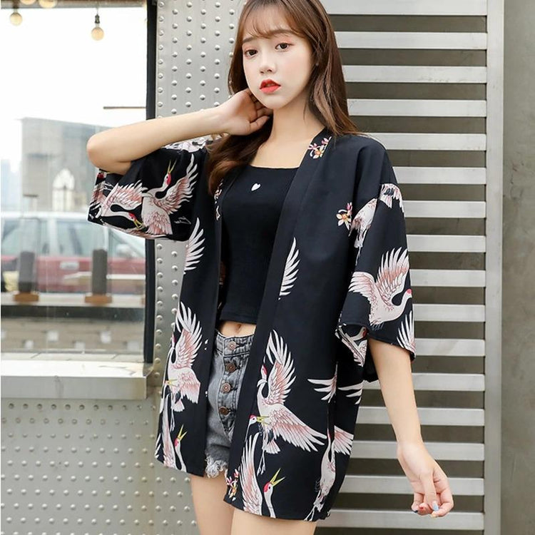 Veste Kimono Femme - Motif Grue Japonaise | Ramen Nation