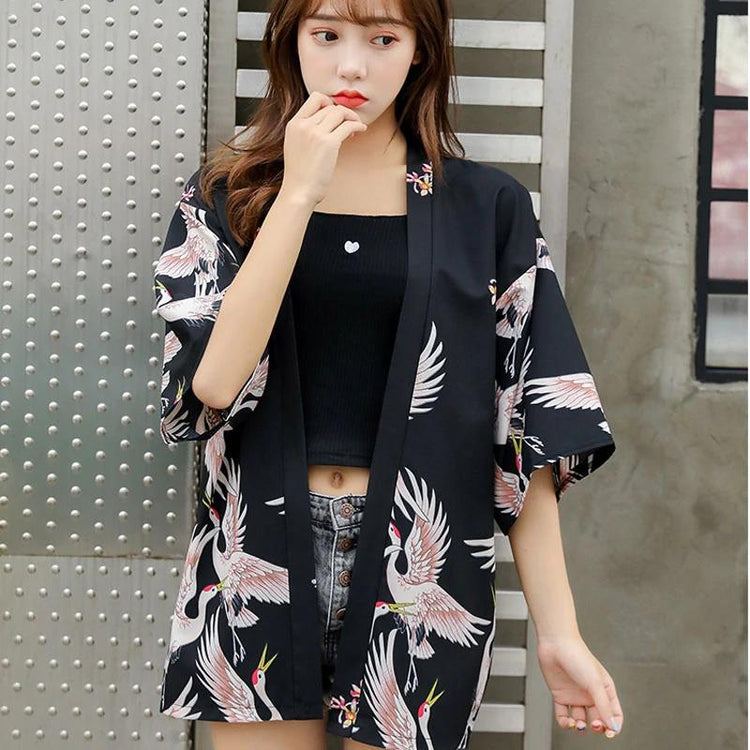 Veste Kimono Femme - Motif Grue Japonaise | Ramen Nation