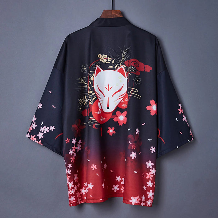 Chaqueta Kimono Mujer Patrón Kitsune Negro | Ramen Nation