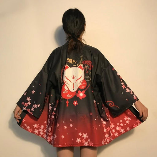 Chaqueta Kimono Mujer Patrón Kitsune Negro | Ramen Nation