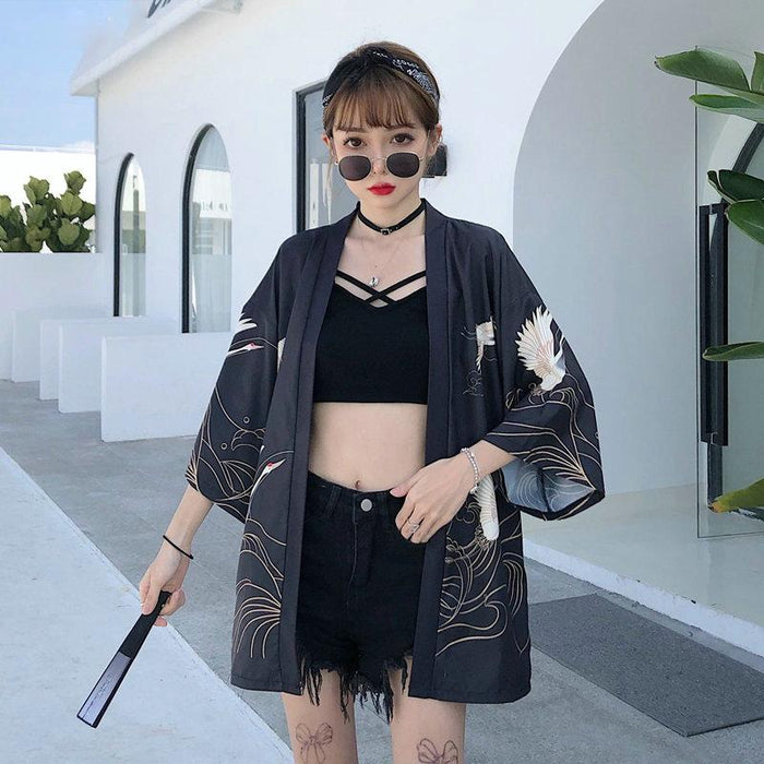 Veste Kimono Femme Noir et Blanc Motif Grue | Ramen Nation