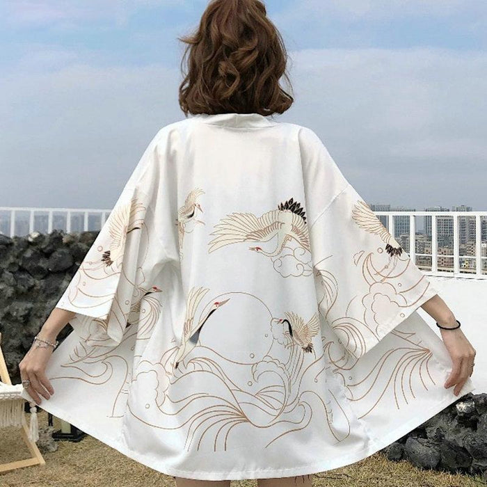 Veste Kimono Femme Noir et Blanc Motif Grue | Ramen Nation