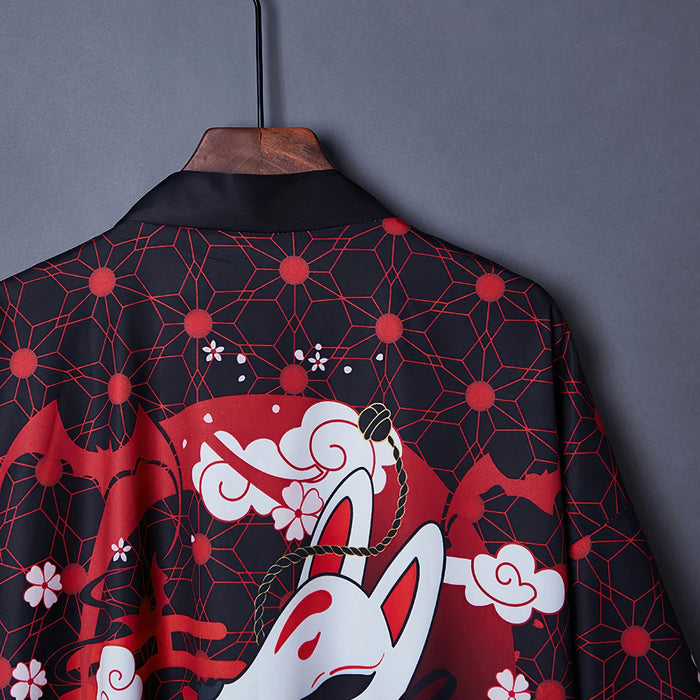 Veste Kimono Femme Noir Motif Kitsune | Ramen Nation