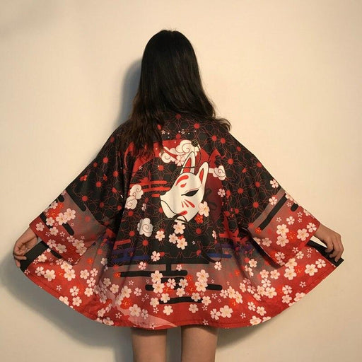 Chaqueta Kimono de Mujer Estampado Kitsune Negro | Ramen Nation
